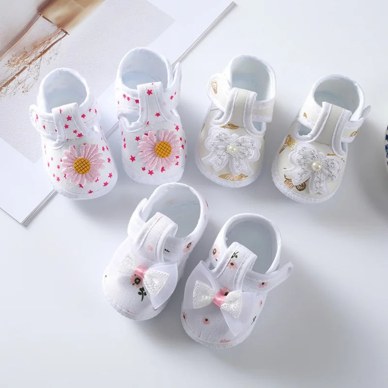 Summer Baby Girls' Canvas Shoes Newborn Crib Shoes Baby Learning Walking Shoes Sweet Princess Shoes Flower Bow Knot Decoration