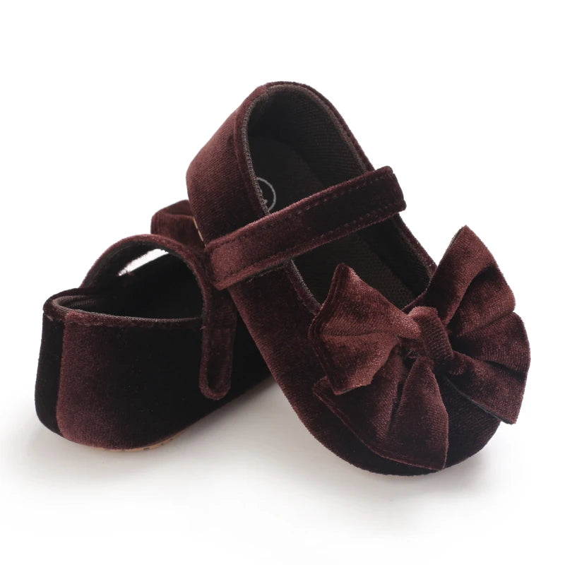 Spring and Autumn Newborn Flannelette Princess Shoes Baby Girls Bow Flat Shoes Toddler Baby Soft Rubber Sole First Walking Shoes