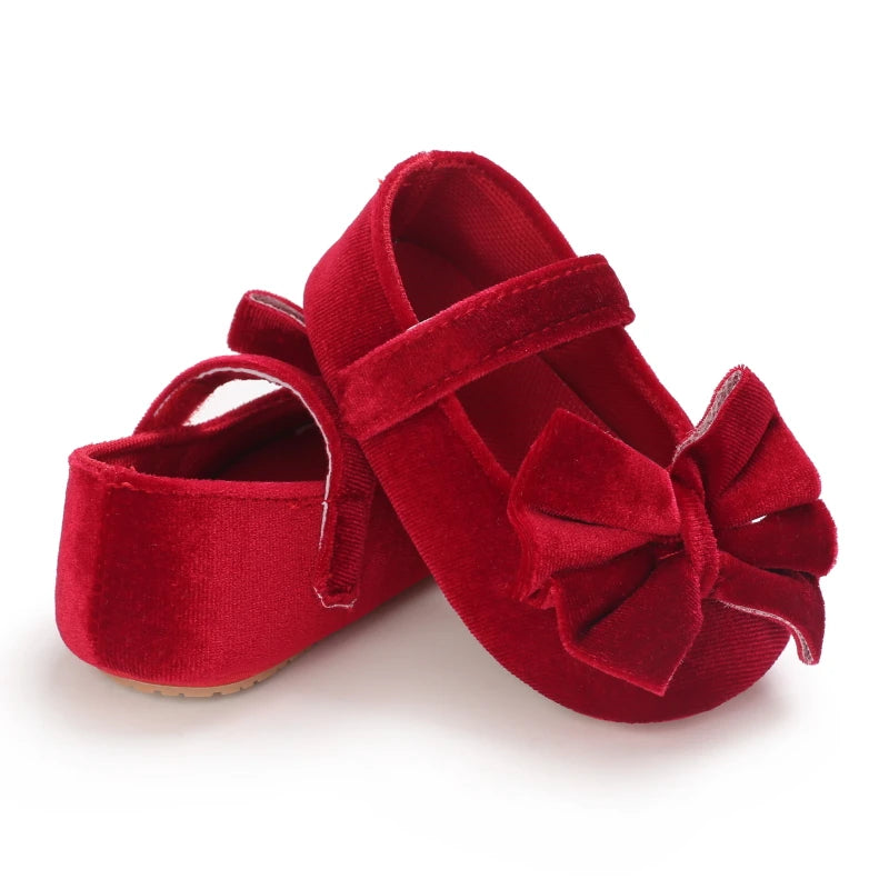 Spring and Autumn Newborn Flannelette Princess Shoes Baby Girls Bow Flat Shoes Toddler Baby Soft Rubber Sole First Walking Shoes