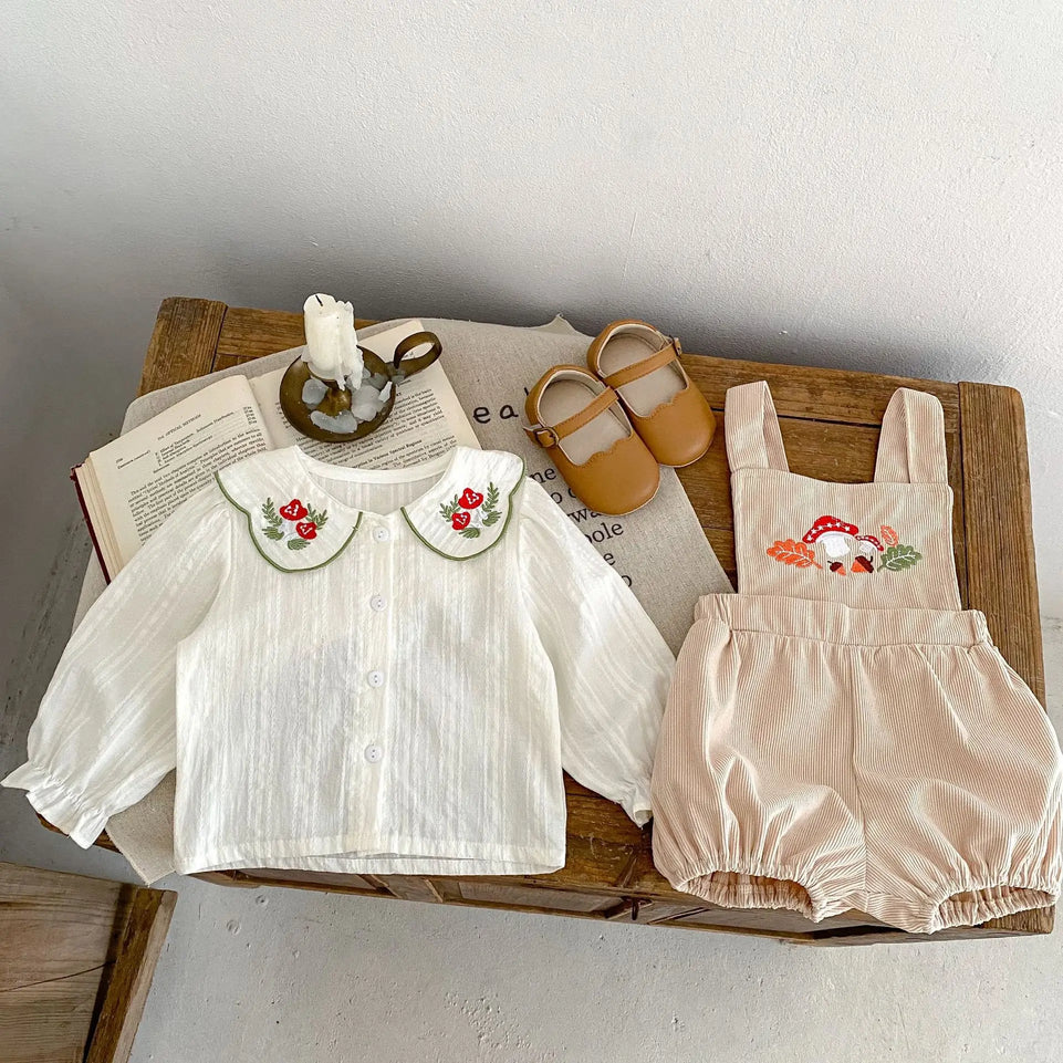 Spring New Baby Clothing GIRL's Fashion Versatile Embroidered Polo Collar Cardigan Top+Strap Pants 2-piece Set