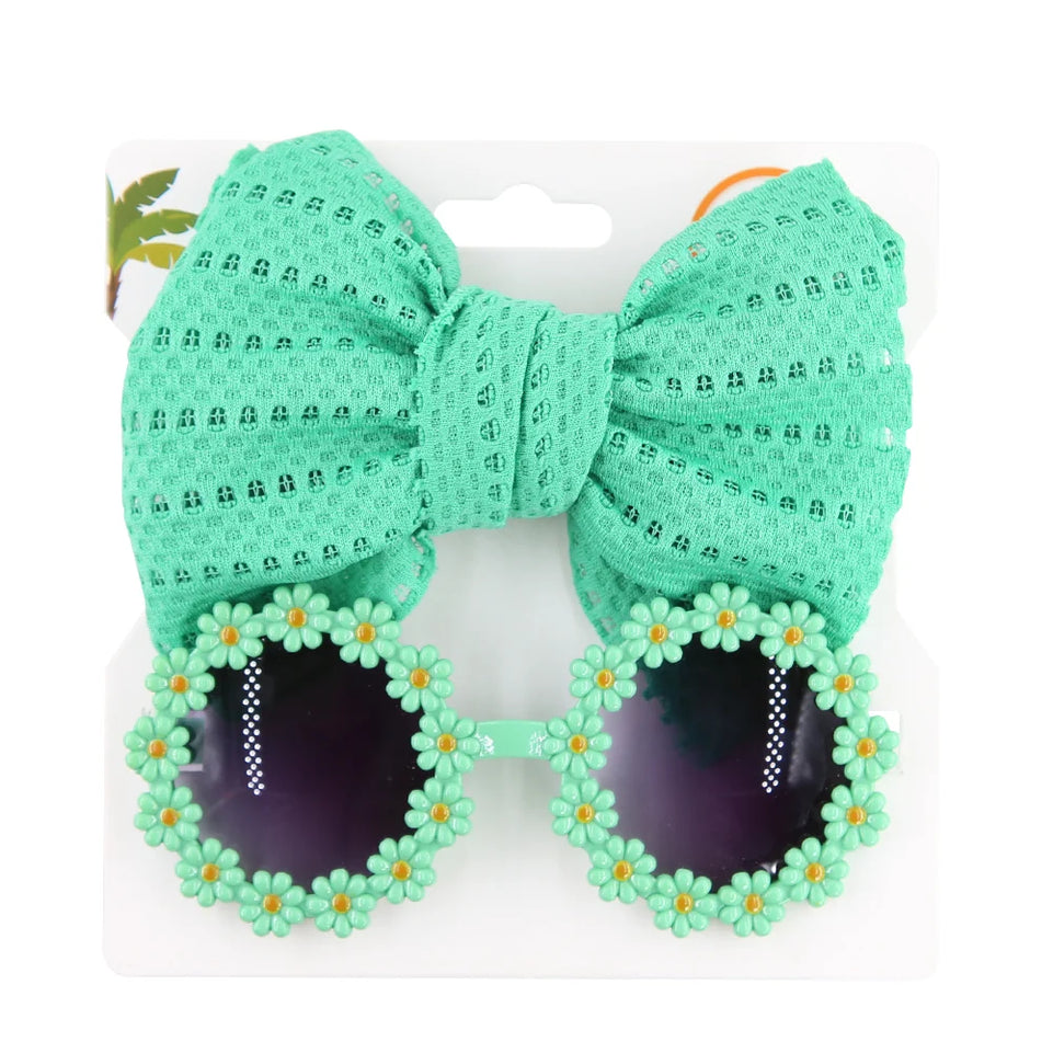 2Pcs/Card Daisy Baby Sunglasses Eyelet Bow Headband Set Elastic Nylon Hair Bands Seaside Sun Glasses Kids Headwear