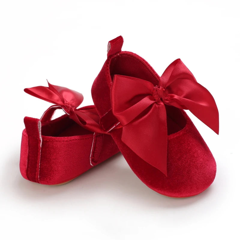 Spring and Autumn Newborn Flannelette Princess Shoes Baby Girls Bow Flat Shoes Toddler Baby Soft Rubber Sole First Walking Shoes