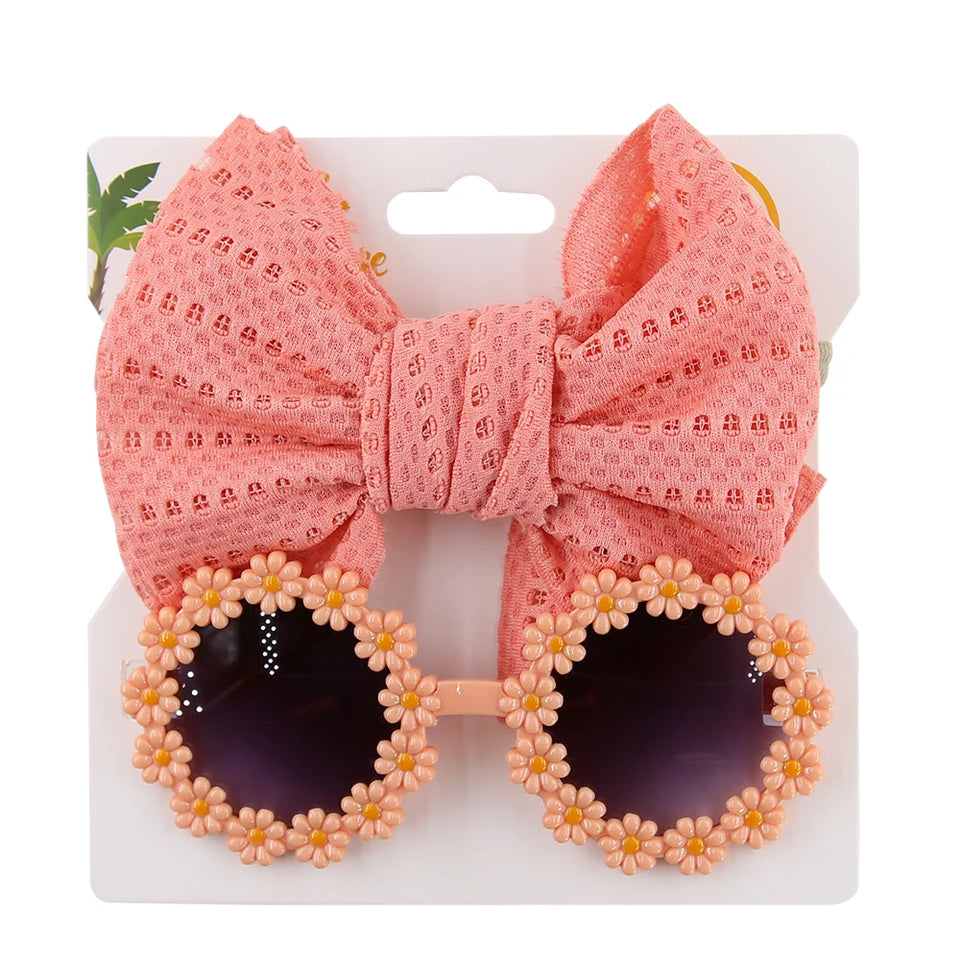 2Pcs/Card Daisy Baby Sunglasses Eyelet Bow Headband Set Elastic Nylon Hair Bands Seaside Sun Glasses Kids Headwear