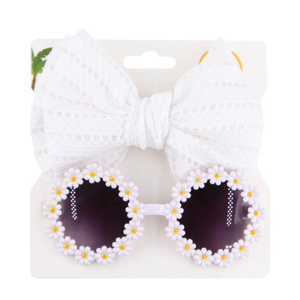 2Pcs/Card Daisy Baby Sunglasses Eyelet Bow Headband Set Elastic Nylon Hair Bands Seaside Sun Glasses Kids Headwear