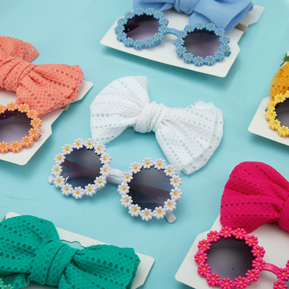 2Pcs/Card Daisy Baby Sunglasses Eyelet Bow Headband Set Elastic Nylon Hair Bands Seaside Sun Glasses Kids Headwear