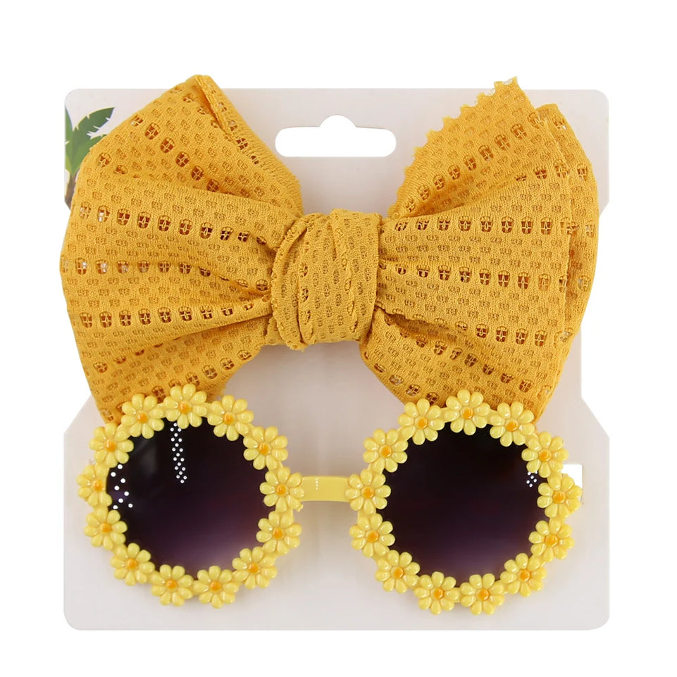 2Pcs/Card Daisy Baby Sunglasses Eyelet Bow Headband Set Elastic Nylon Hair Bands Seaside Sun Glasses Kids Headwear