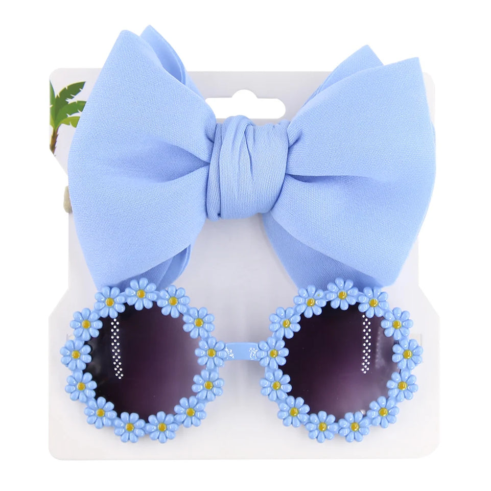 2Pcs/Card Daisy Baby Sunglasses Eyelet Bow Headband Set Elastic Nylon Hair Bands Seaside Sun Glasses Kids Headwear