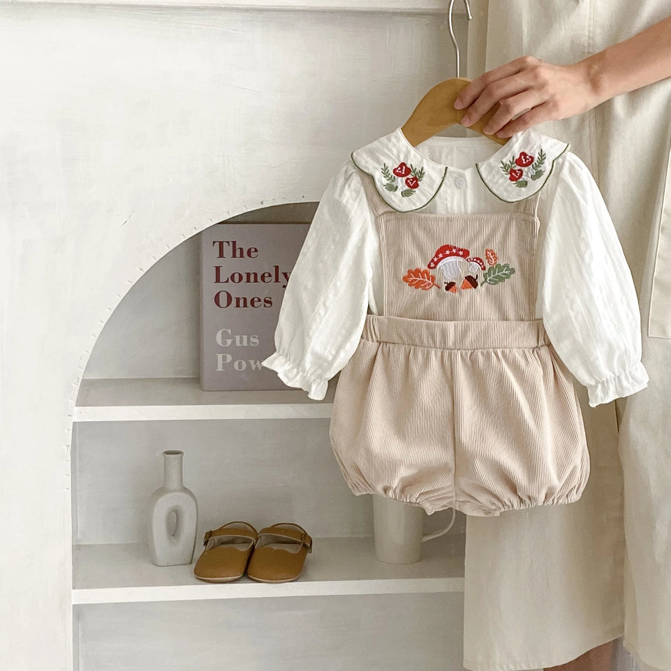 Spring New Baby Clothing GIRL's Fashion Versatile Embroidered Polo Collar Cardigan Top+Strap Pants 2-piece Set