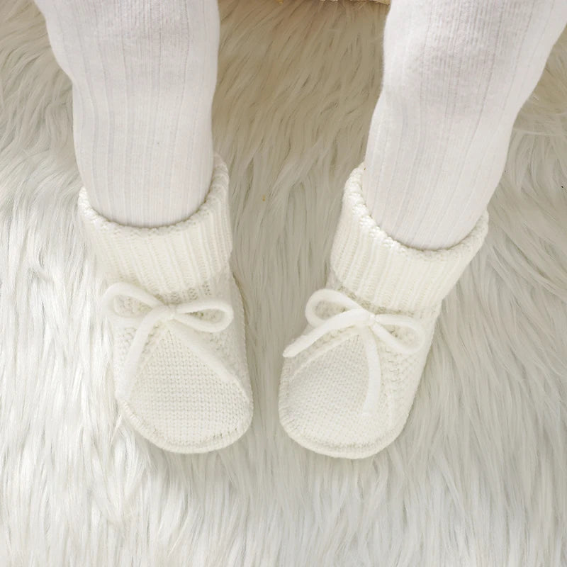 Infant Baby Shoes Knitted Newborn Boy Girl Footwear Fashion Tie Bow 0-18M Toddler Clothes Accessories First Bed Boots Super Soft