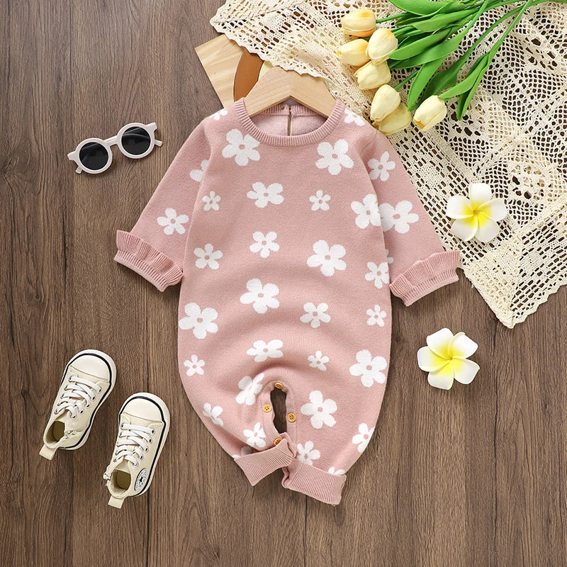 Infant Rompers Cute Floral Pattern Newborn Babies Girl One Piece Jumpsuits Autumn Winter Casual Long Sleeve Knit Toddler Costume