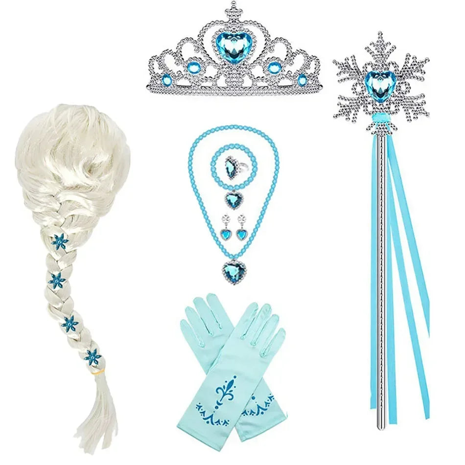 Elsa Princess Accessories Gloves Wand Crown Jewelry Set Elsa Wig Necklace Braid for Princess Dress Clothing Cosplay Dress UP