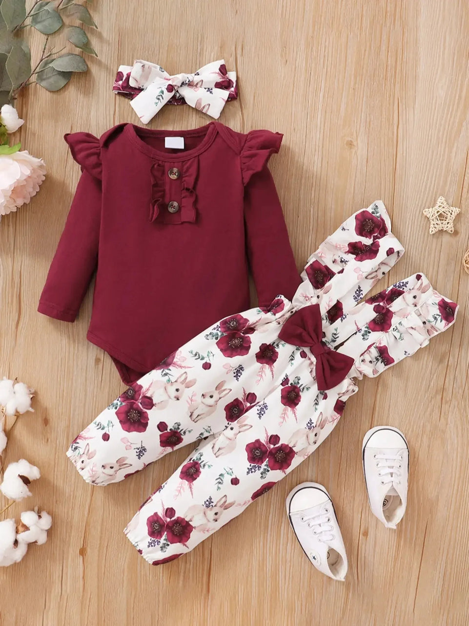 Winter  Newborn  Infant  Baby  0-12M  Girls  Cotton   Long  Sleeves  Headband   Rabbit   Print    Pants  Fashion  Baby  Clothing
