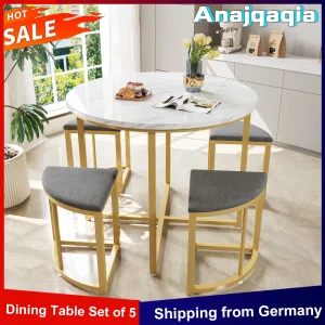 Anajqaqia Dining Room Set with Dining Table and 4 Chairs,Dining Set with MDF Tabletop & Gold Iron Frame,Kitchen Dining Table Set