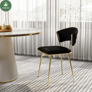 Anajqaqia Black Dining Chair Set of 2, Tufted Woven Back Upholstered Chair with Metal Legs for Kitchen Living Room, Velvet
