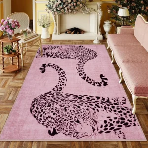 Minimalist Leopard Silhouette Themed Rug,Anti-Slip Mat with Blush Pink Base Living Room Bedroom,Chic Exotic Decorative Carpet