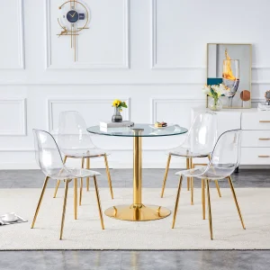 Round dining table set with 85cm tempered glass top and 4 transparent plastic chairs, ideal for kitchen and dining room decor