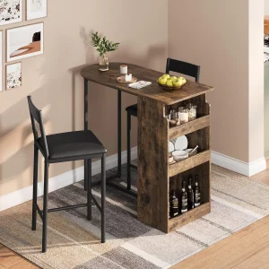 Small Kitchen Bar Table and Chairs Set for 2 with Integrated Storage Shelves for Breakfast Nooks, Dining Areas, Small Apartments