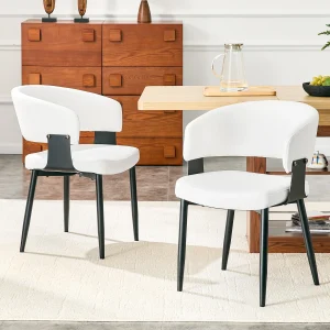 Set of 2 Modern Upholstered Dining Chairs, Curved Backrest & Black Metal Legs - White/Black/Grey