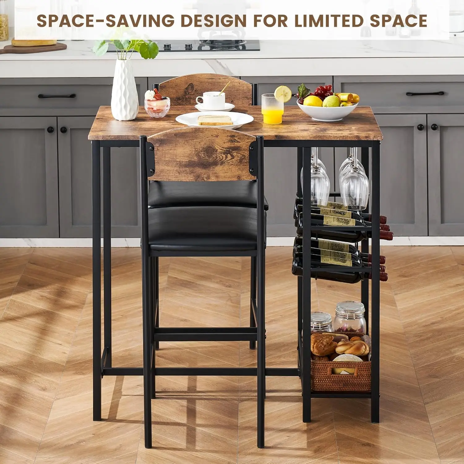 3 Pieces Bar Table Set Bar Counter Table With 2 Footrest Upholstered Chairs Kitchen Dining Table With Storage Shelf for Kitchen - Image 4