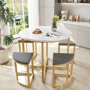 Dining table set with four velvet chairs, MDF top, golden iron frame, modern luxury design.