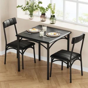 3 Piece Dining Table Set Square Kitchen Table and Upholstered Chairs Set, Metal Frame/MDF Tabletop for Small Space, Apartment