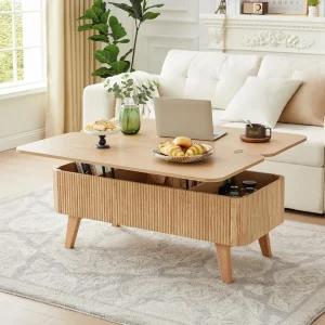 Z 3 In 1 Fluted Convertible Lift Top Coffee Table Converts To Dining Tables Modern Oval Wooden Center Table For Living Room Home