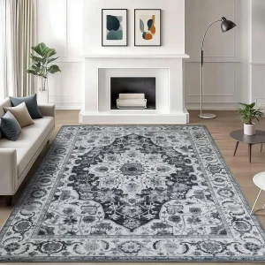 Elegant Grey Medallion Rug, Distressed Persian Floral Non-Slip Floor Mat for Bedroom & Living Room, Chic Vintage Neutral Home