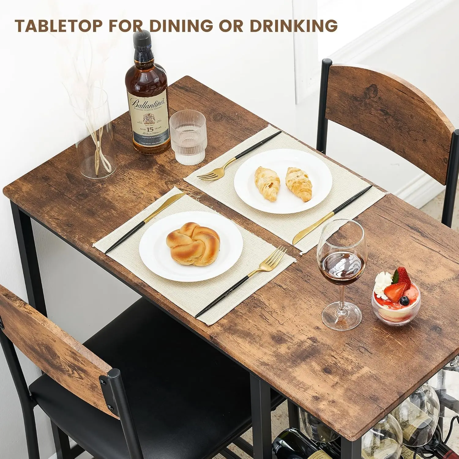 3 Pieces Bar Table Set Bar Counter Table With 2 Footrest Upholstered Chairs Kitchen Dining Table With Storage Shelf for Kitchen - Image 5