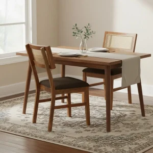 Dining chairs, set of 2, upholstered dining chairs with handwoven rattan backrest, brown