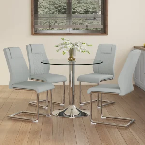 Modern Minimalist Dining Table Set Safety Glass Round Table with 4 PU Seat Chairs Metal Legs Sturdy Home Dining Room Furniture