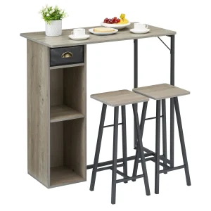 3 Piece Dining Table Set Kitchen Bar Table with Two Stool Storage Shelves Wood Counter Height Table Top for Home Apartment