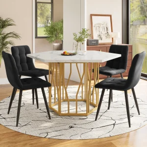 Modern 5-Piece Dining Set: Hexagonal Marble Table with 4 Black Velvet Chairs, Gold Legs. Stylish and inviting.