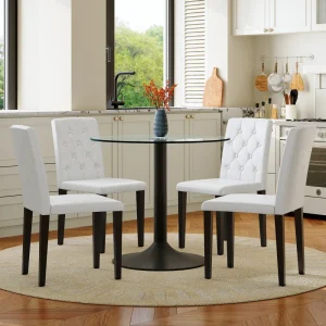 Modern Glass Dining Set – 85 cm Round Table + 4 PU Chairs, Button-Tufted Back, Minimalist Luxury for Dining Room