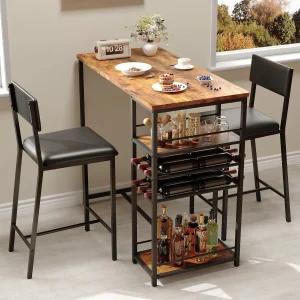 Dining Table Set For 2 with Upholstered Chairs Open Storage Shelves Built-in Cup Holder & Wine Rack For Kitchen Apartments