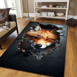 3D Fox Breakthrough Print Area Rug,Black Cracked Surface Non-Slip Floor Mat Living Room Bedroom,Cool Animal Home Decor Carpet