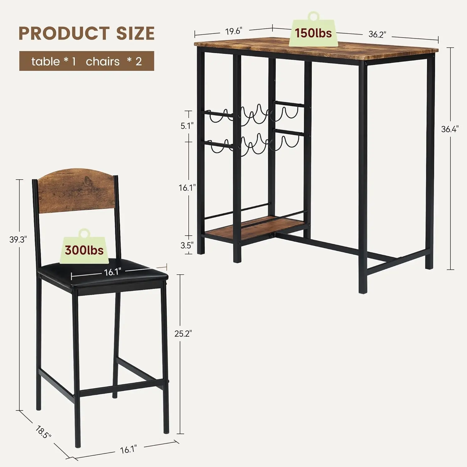 3 Pieces Bar Table Set Bar Counter Table With 2 Footrest Upholstered Chairs Kitchen Dining Table With Storage Shelf for Kitchen - Image 6