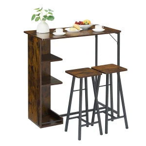 Small Bar Table and Chairs Set for 2, 3-Piece Bar Table Set with 3 Tier Storage Shelves, Space Saving Table for Room,Kitchen