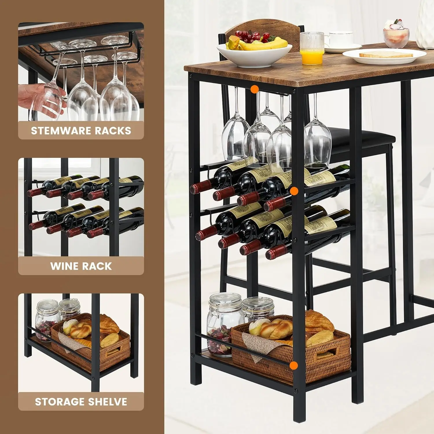 3 Pieces Bar Table Set Bar Counter Table With 2 Footrest Upholstered Chairs Kitchen Dining Table With Storage Shelf for Kitchen - Image 3