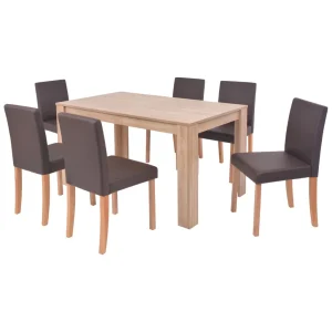 Table and chairs 7 pcs Faux leather Oak Brown Modern dining room sets Sturdy multiplayer table with chairs Decorative Furniture