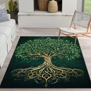 Bohemian Tree of Life Rug, Green & Gold Nature-Inspired Non-Slip Floor Mat for Bedroom & Living Room,Spiritual Home Decor Carpet