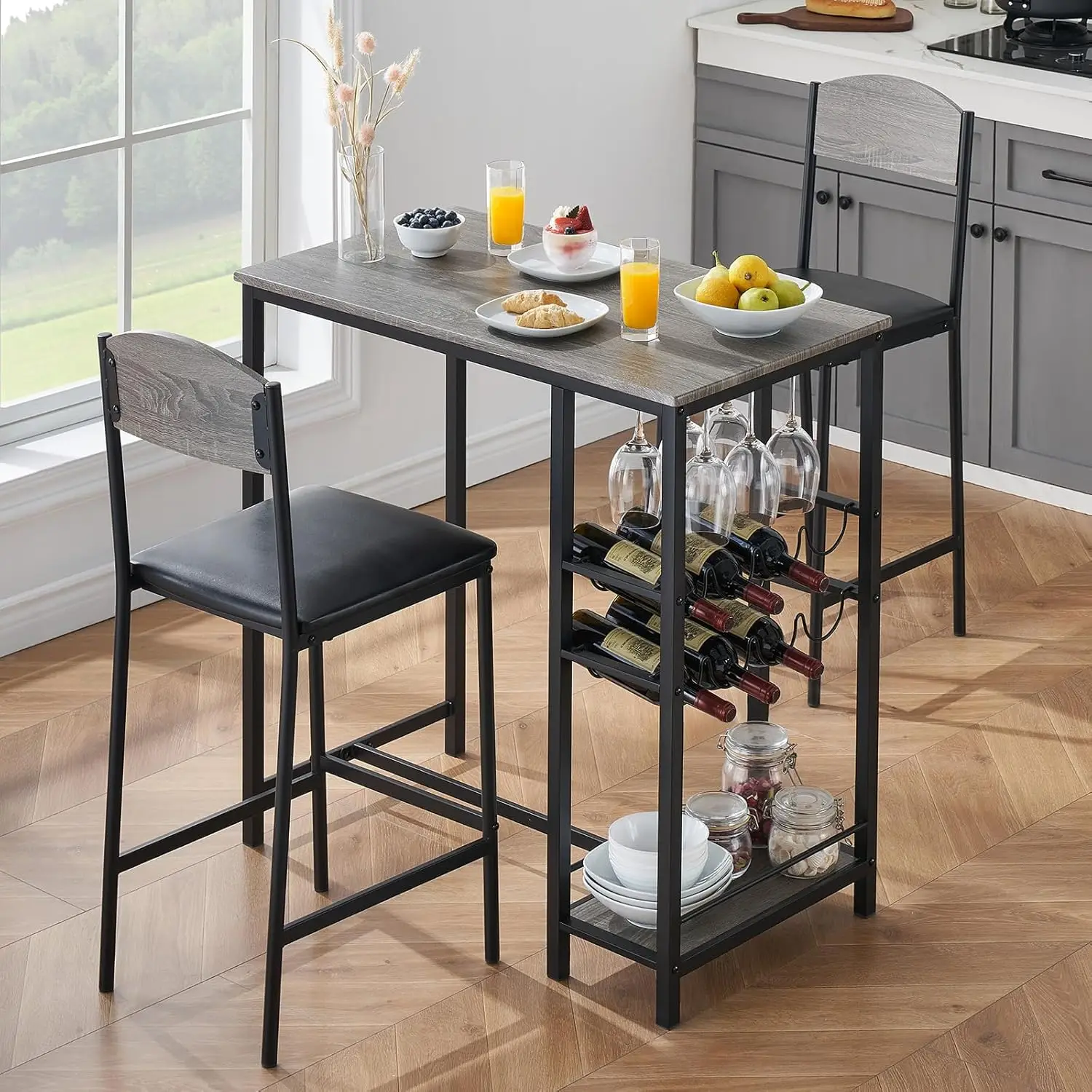 3 Pieces Bar Table Set Bar Counter Table With 2 Footrest Upholstered Chairs Kitchen Dining Table With Storage Shelf for Kitchen - Image 2